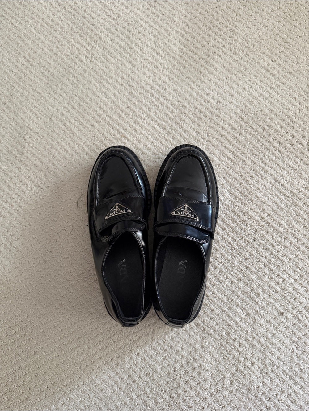 Prada Black Patent Leather Penny Loafers with Logo Plaque
